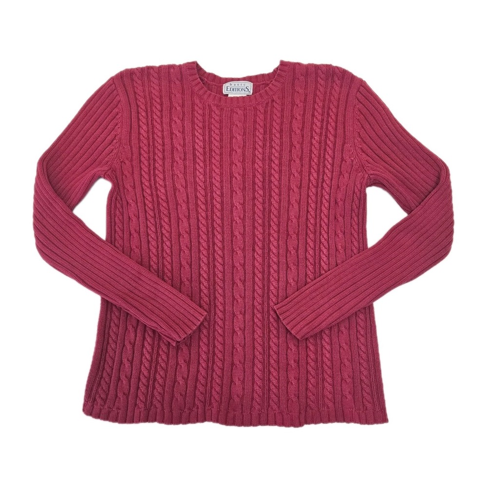 Vintage Womens Cable-Knit Red Sweater 100%‎ Cotton Preppy Sz Large